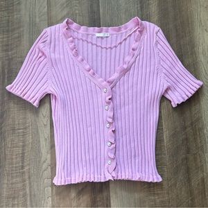 Pink Ribbed Pearl Button Up Crop Top